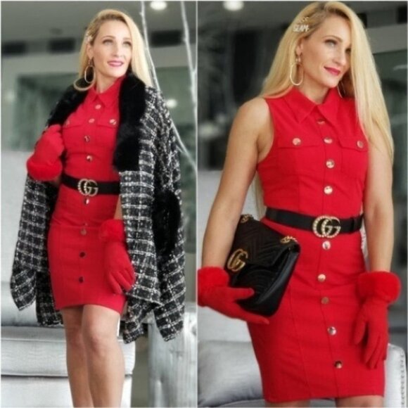 ESTELLA Red Mini Dress Classic Buttons Sle… - Picture 4 of 9